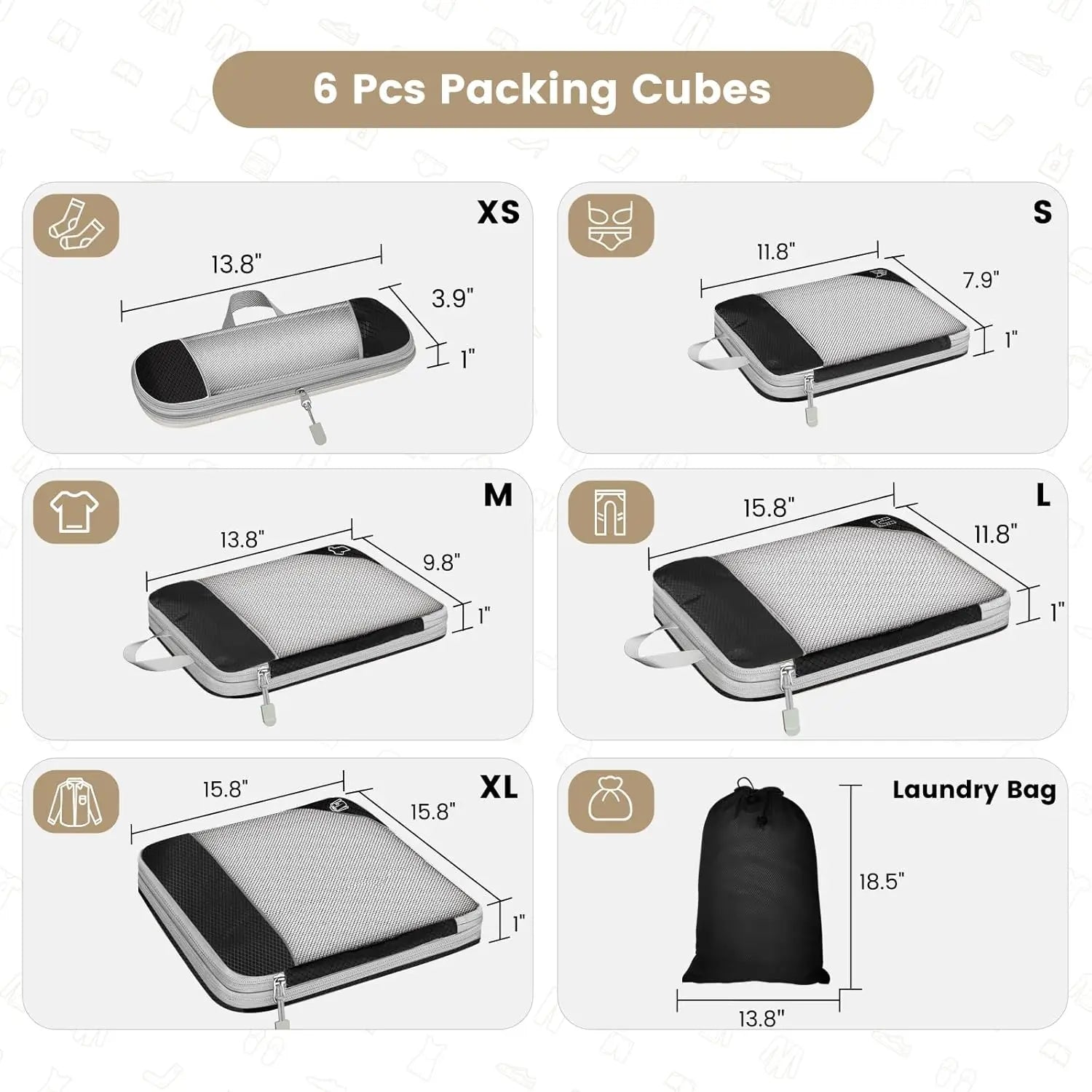 6-Piece Compressed Packing Cubes – Mesh Travel Luggage Organiser Set with Shoe Bag