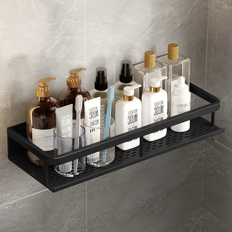 SleekMount – Black Aluminium Corner Shower Shelf with Drainage