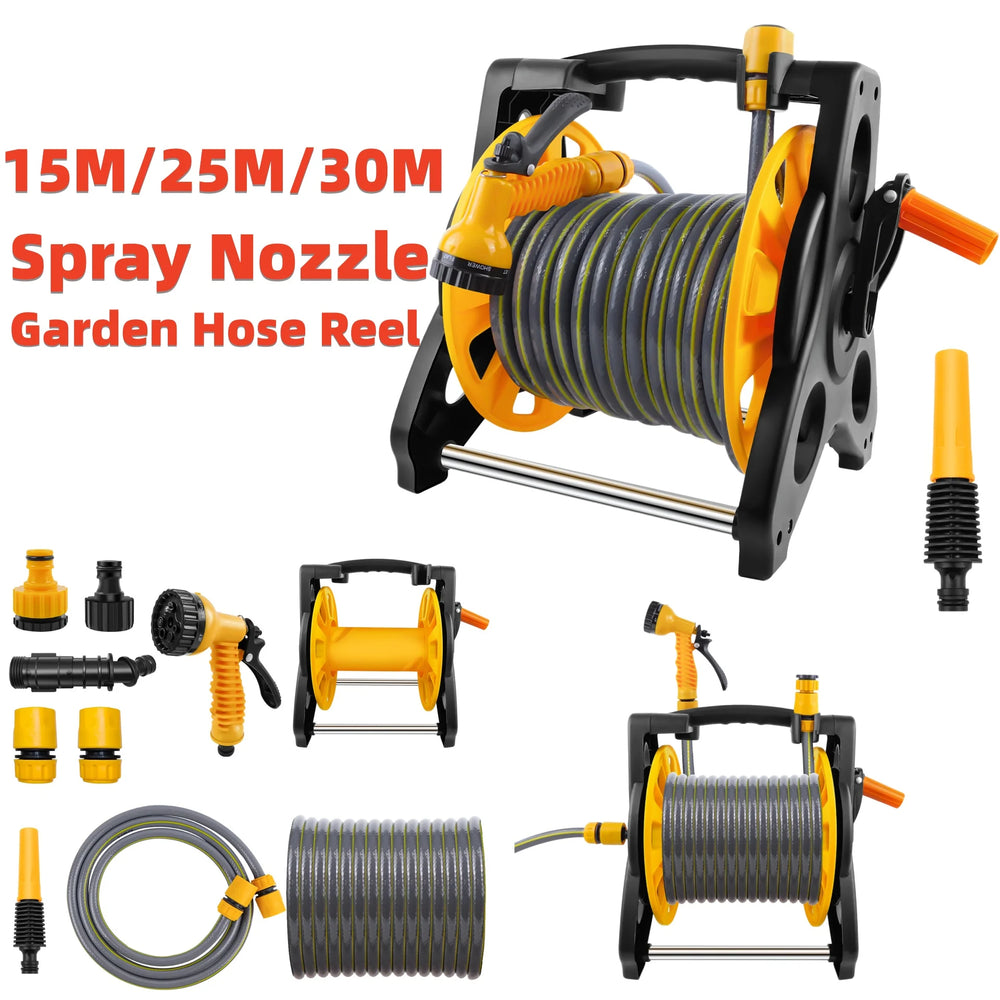 Garden Hose Reel Set – 15/25/30m Hose with 7-Pattern Spray Nozzle