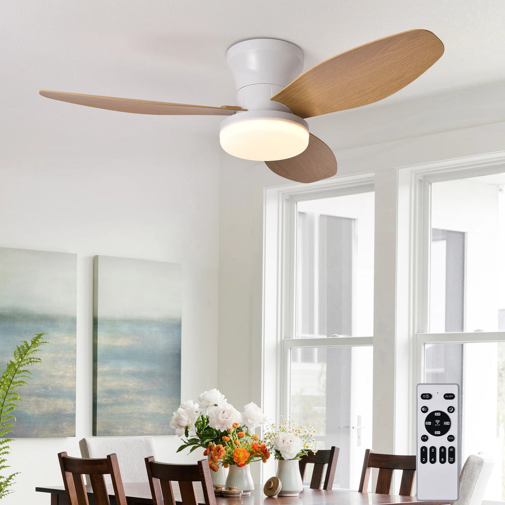 Smart Ceiling Fan with LED Light – Silent, Remote & App Control, Wood-Look Blades