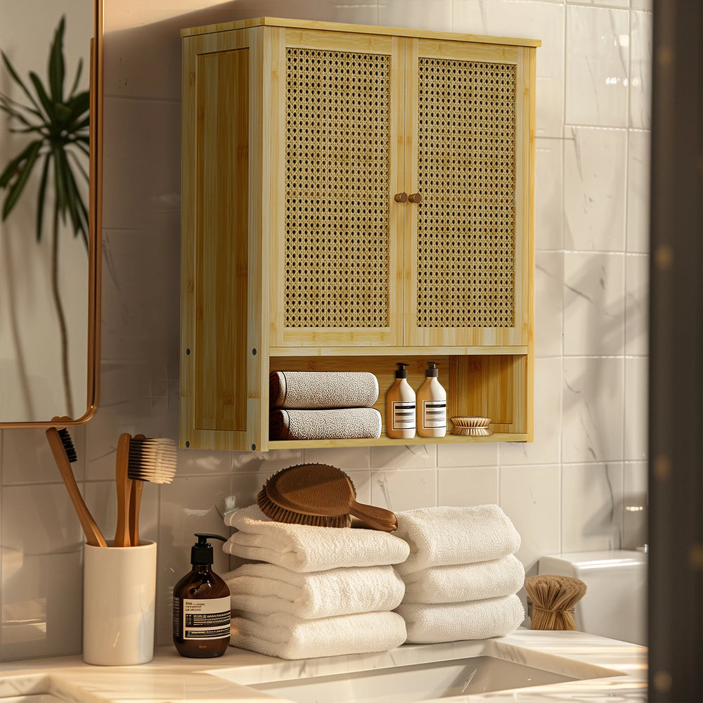 Wall-Mounted Bamboo Bathroom Cabinet – Storage Cupboard with Doors
