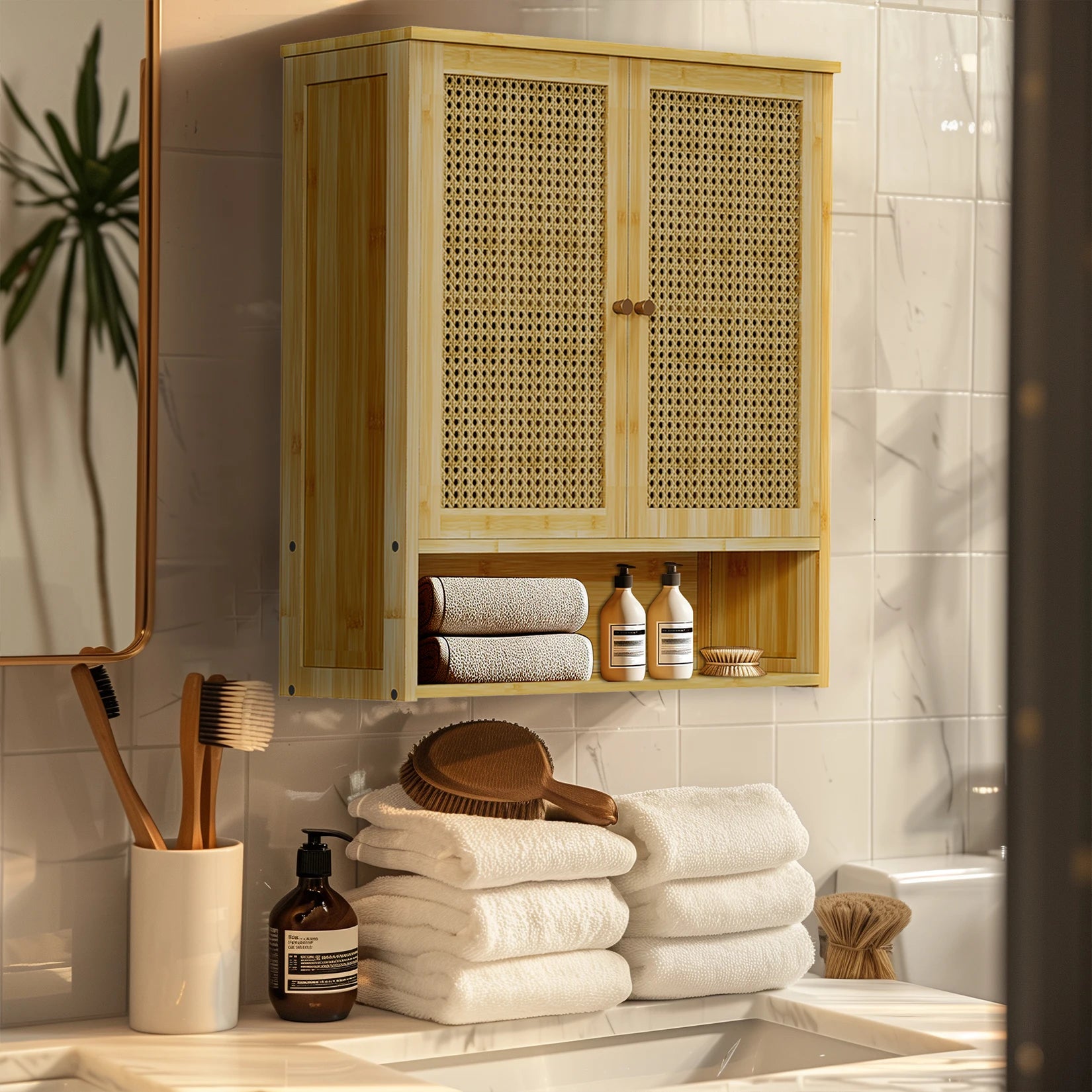 Wall-Mounted Bamboo Bathroom Cabinet – Storage Cupboard with Doors