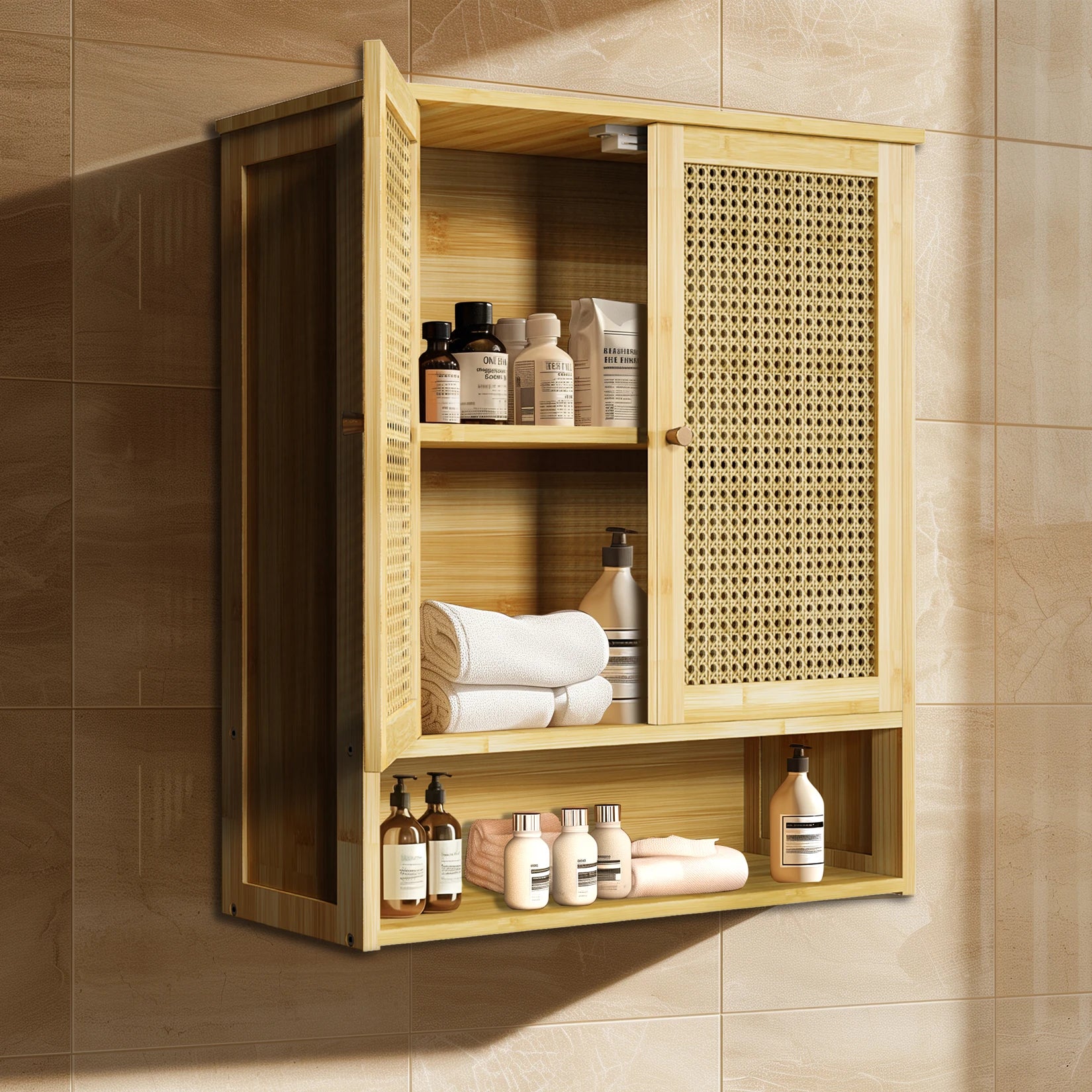 Wall-Mounted Bamboo Bathroom Cabinet – Storage Cupboard with Doors