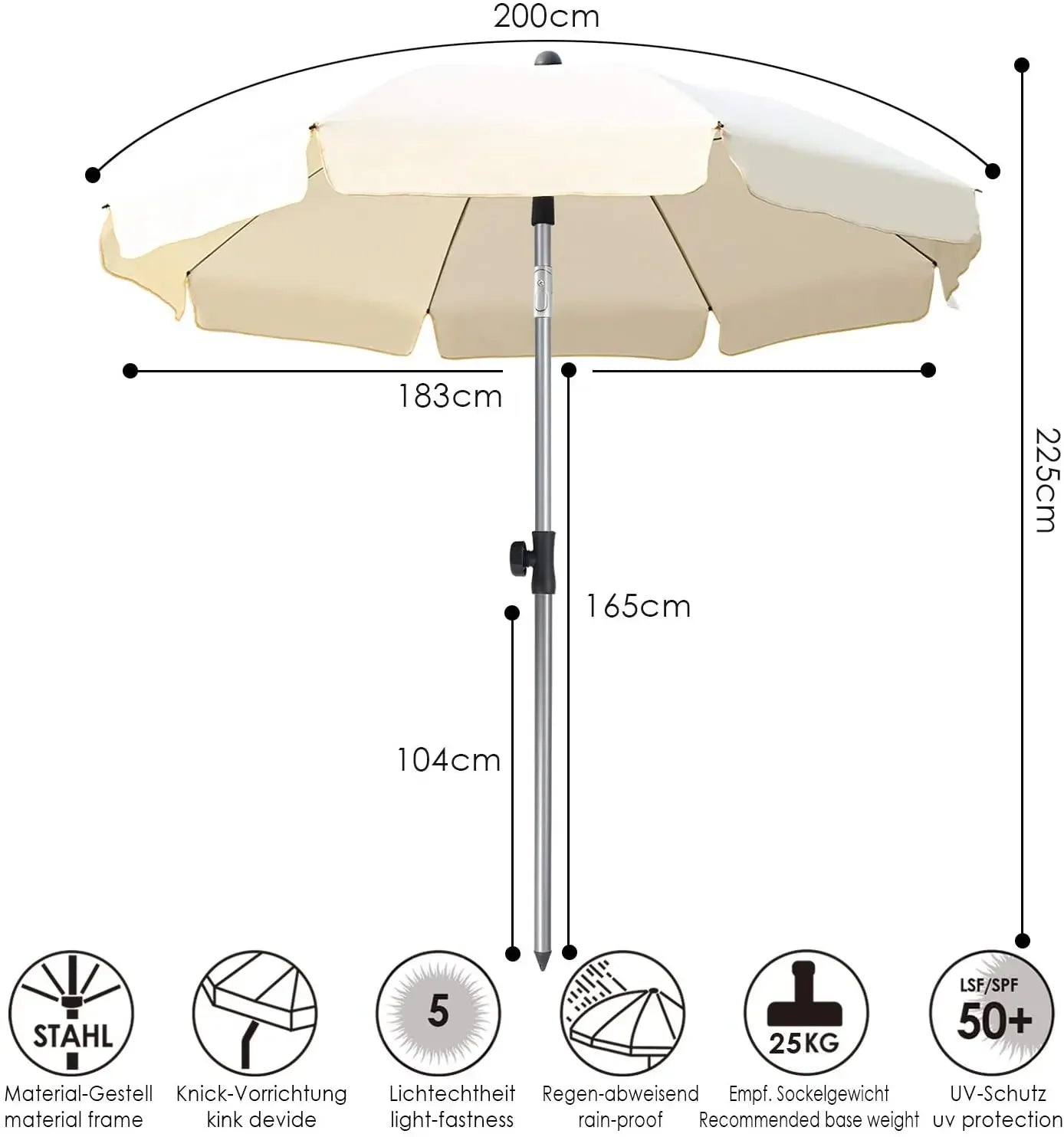 Garden Parasol 200cm – Tilting UV-Protective Round Patio Umbrella