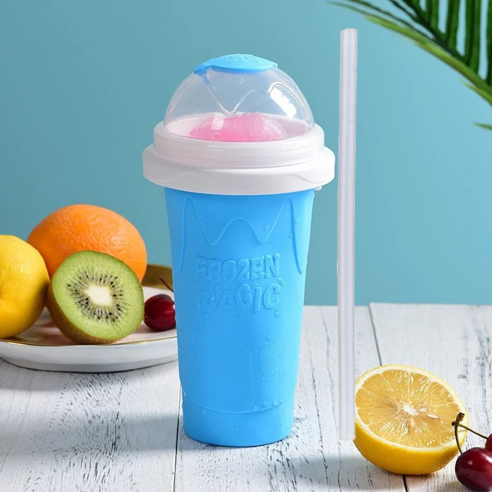 Frozen Smoothie Cup – Squeeze-to-Freeze Slushie Maker with Straw & Spoon