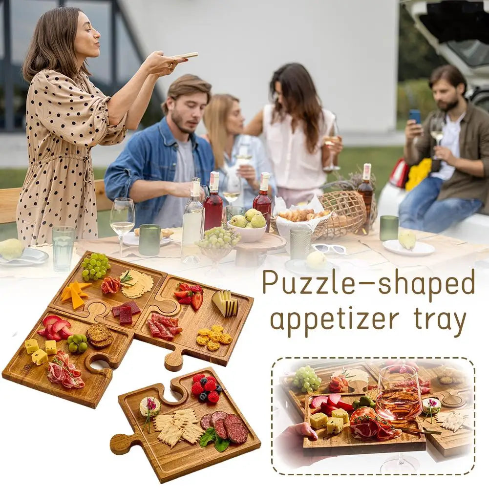 Puzzle Charcuterie Board Set – 4-Piece Wooden Serving Trays with Wine Slot & Stand