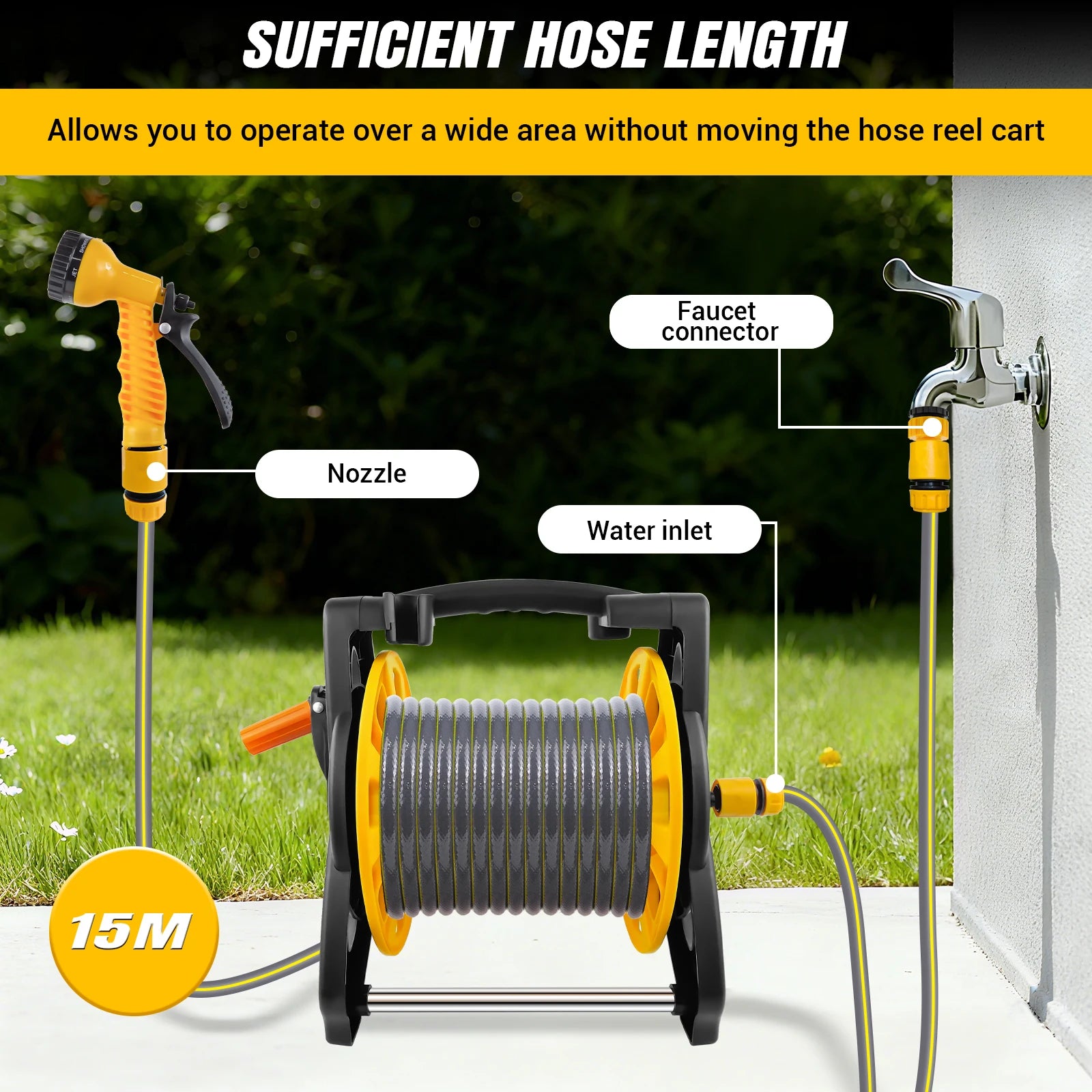 Garden Hose Reel Set – 15/25/30m Hose with 7-Pattern Spray Nozzle