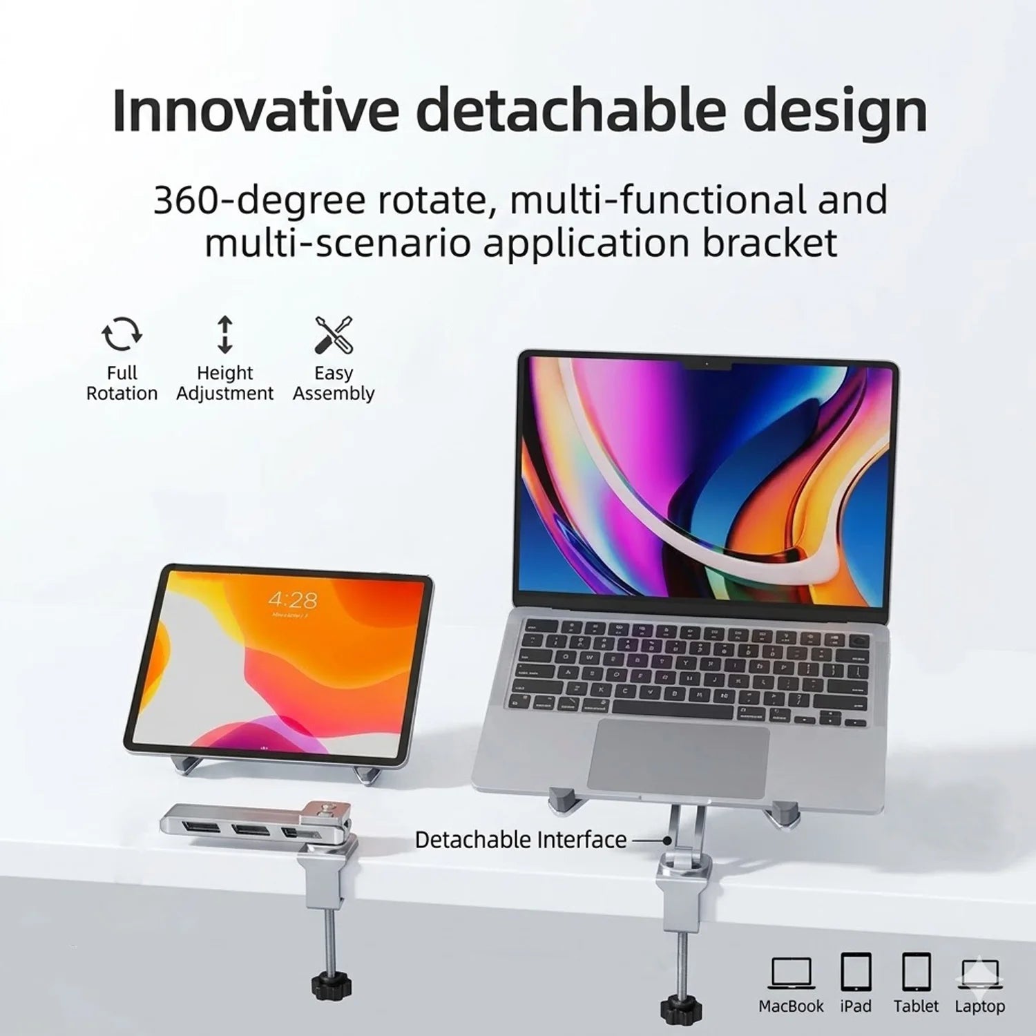 2-in-1 Detachable Laptop Stand – 360° Rotating Aluminium Riser with Foldable Base