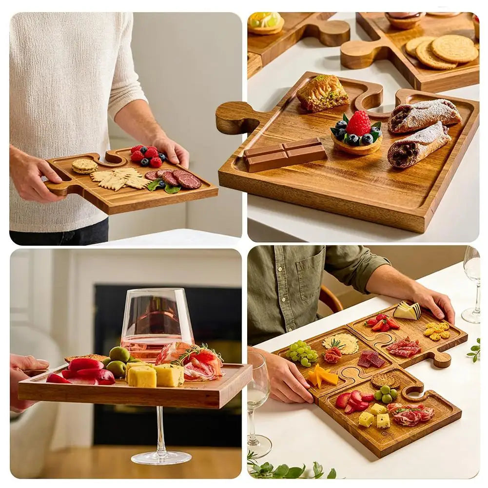 Puzzle Charcuterie Board Set – 4-Piece Wooden Serving Trays with Wine Slot & Stand