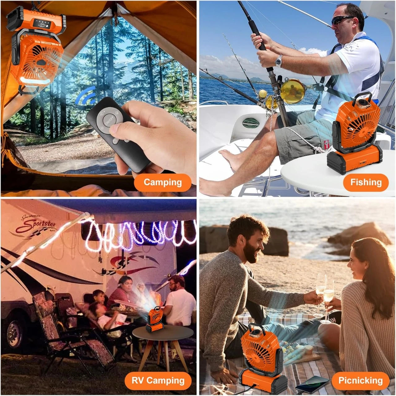 Portable Misting Camping Fan – Rechargeable 20000mAh Power Bank with LED Light & Remote