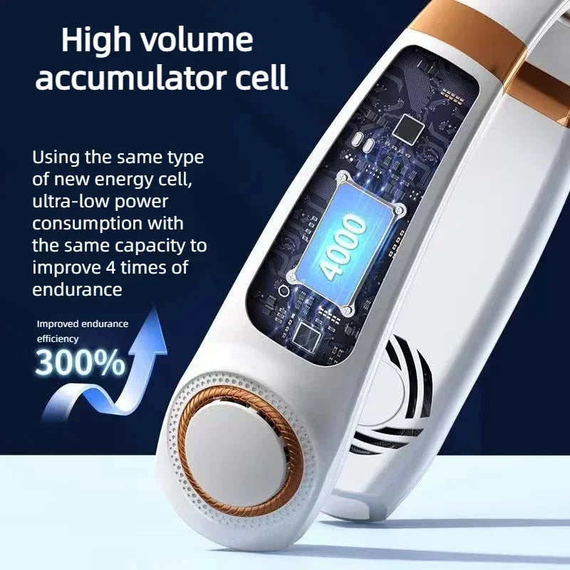 Bladeless Neck Fan – Hands-Free Cooling with LED & Cold Plates, Rechargeable