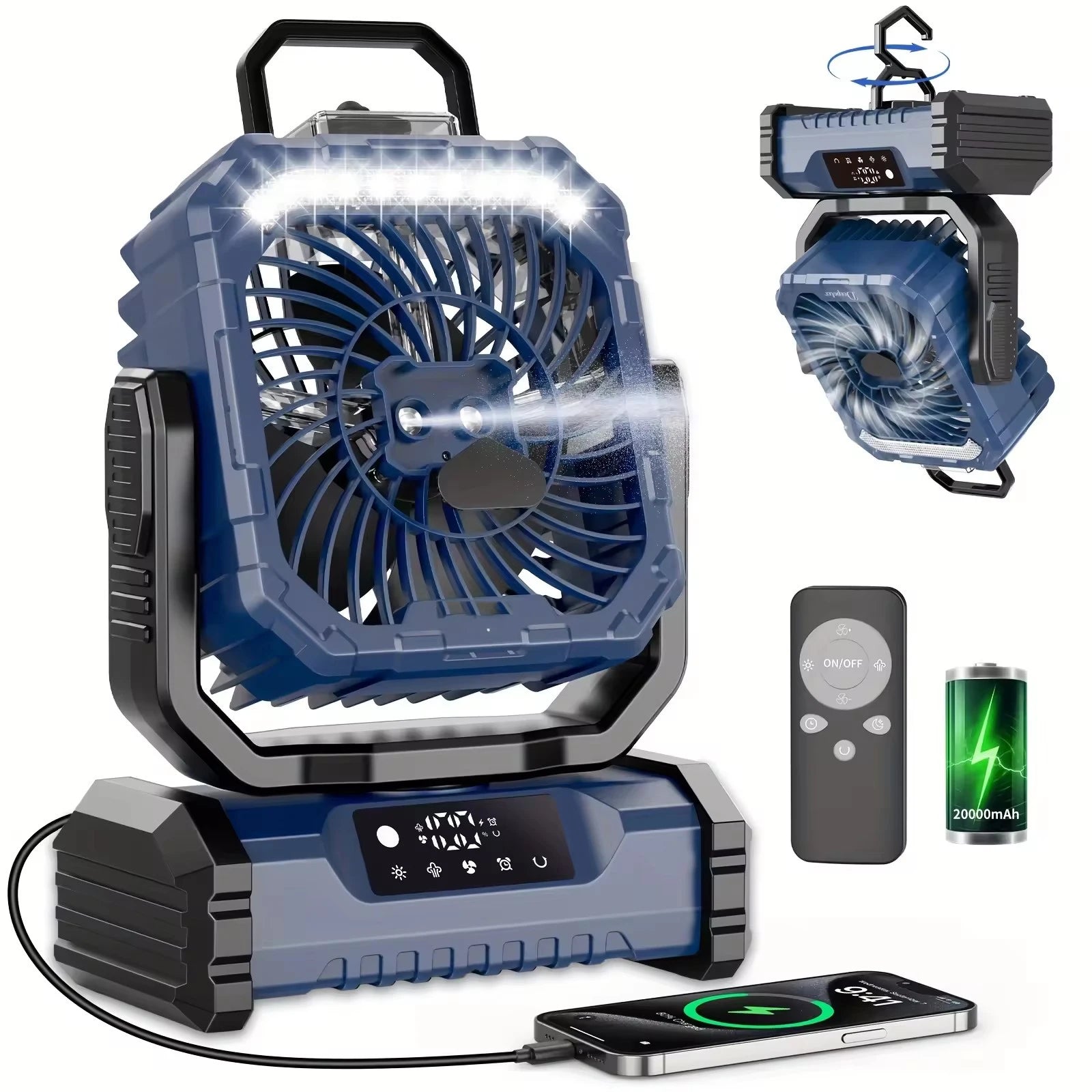 Portable Misting Camping Fan – Rechargeable 20000mAh Power Bank with LED Light & Remote