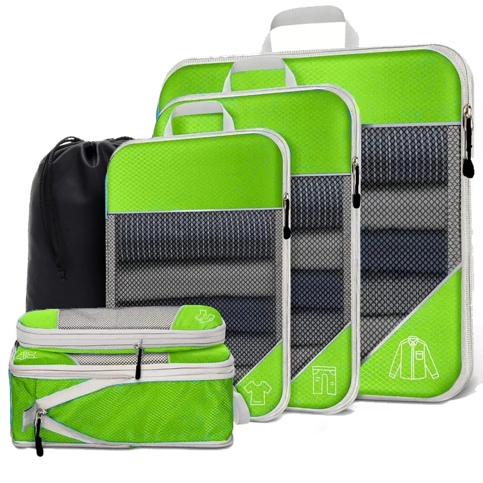 6-Piece Compressed Packing Cubes – Mesh Travel Luggage Organiser Set with Shoe Bag