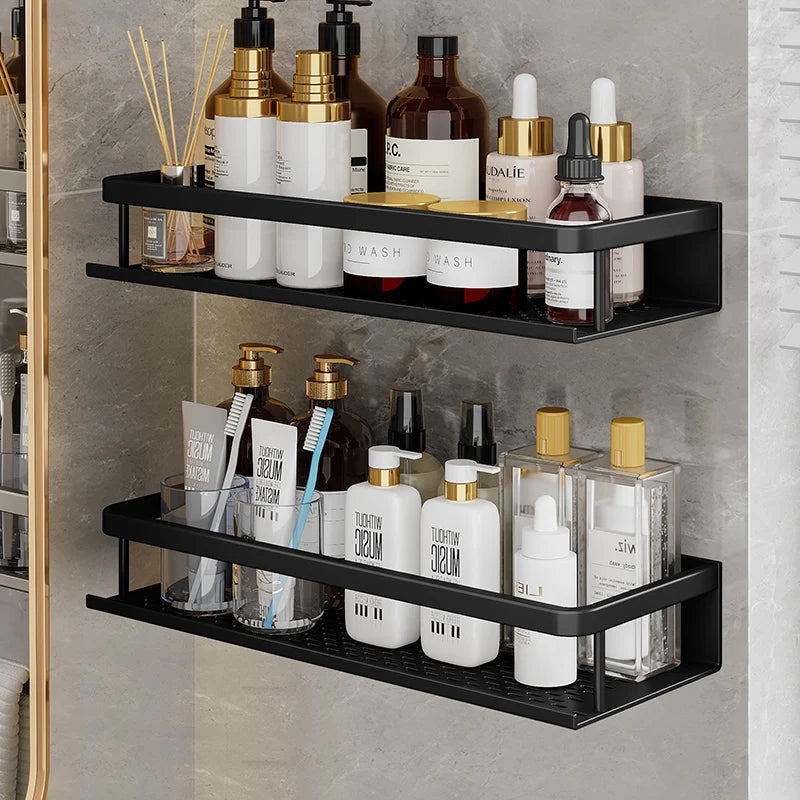 SleekMount – Black Aluminium Corner Shower Shelf with Drainage
