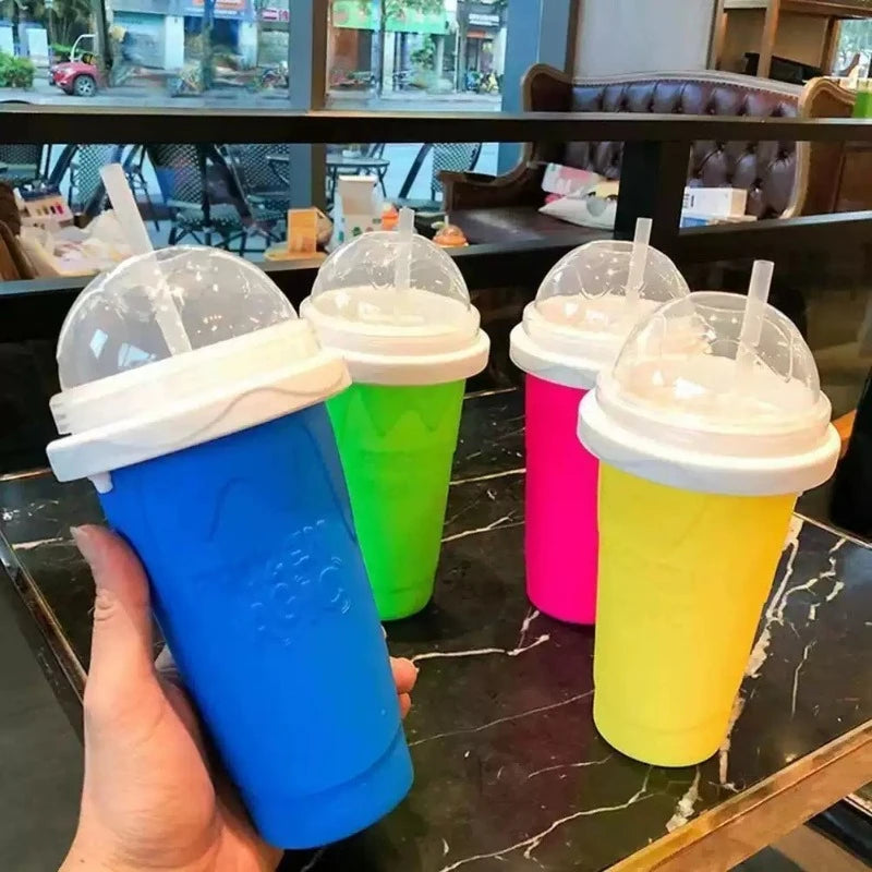 Frozen Smoothie Cup – Squeeze-to-Freeze Slushie Maker with Straw & Spoon