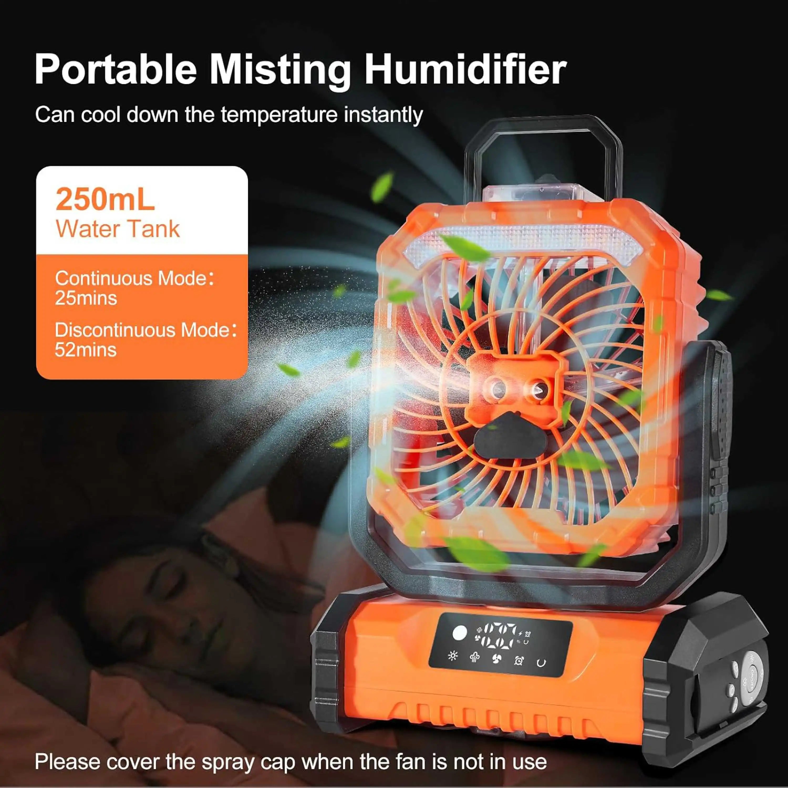Portable Misting Camping Fan – Rechargeable 20000mAh Power Bank with LED Light & Remote