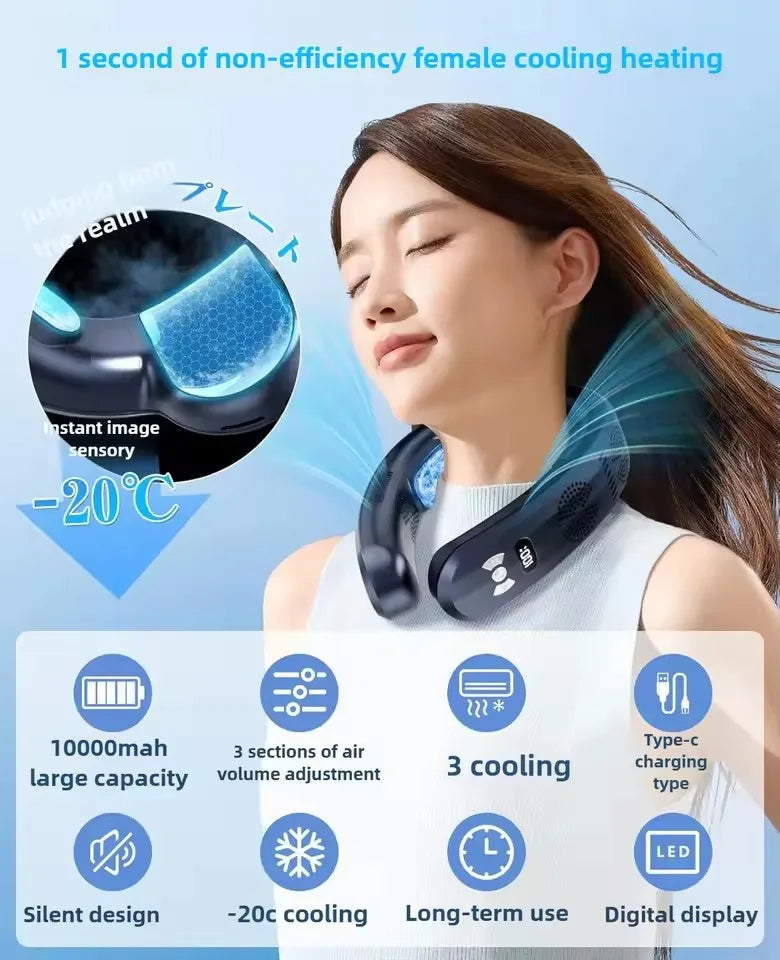 Bladeless Neck Fan – Semiconductor Cooling & Warming, Negative Ion, USB Rechargeable