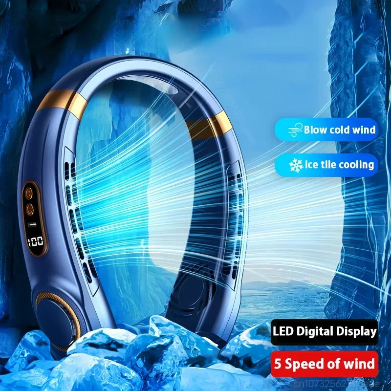 Bladeless Neck Fan – Hands-Free Cooling with LED & Cold Plates, Rechargeable