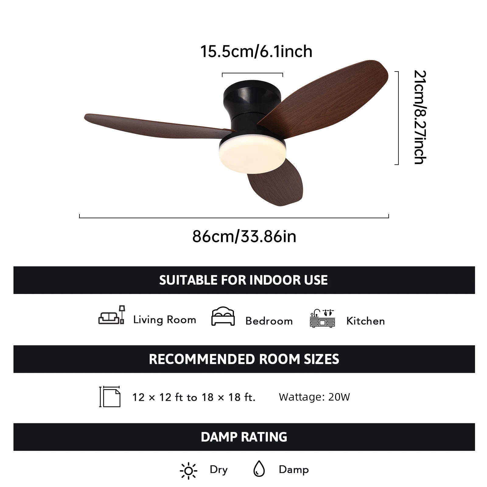 Smart Ceiling Fan with LED Light – Silent, Remote & App Control, Wood-Look Blades