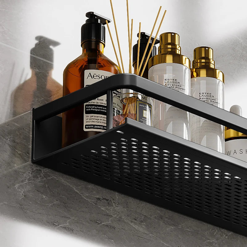 SleekMount – Black Aluminium Corner Shower Shelf with Drainage