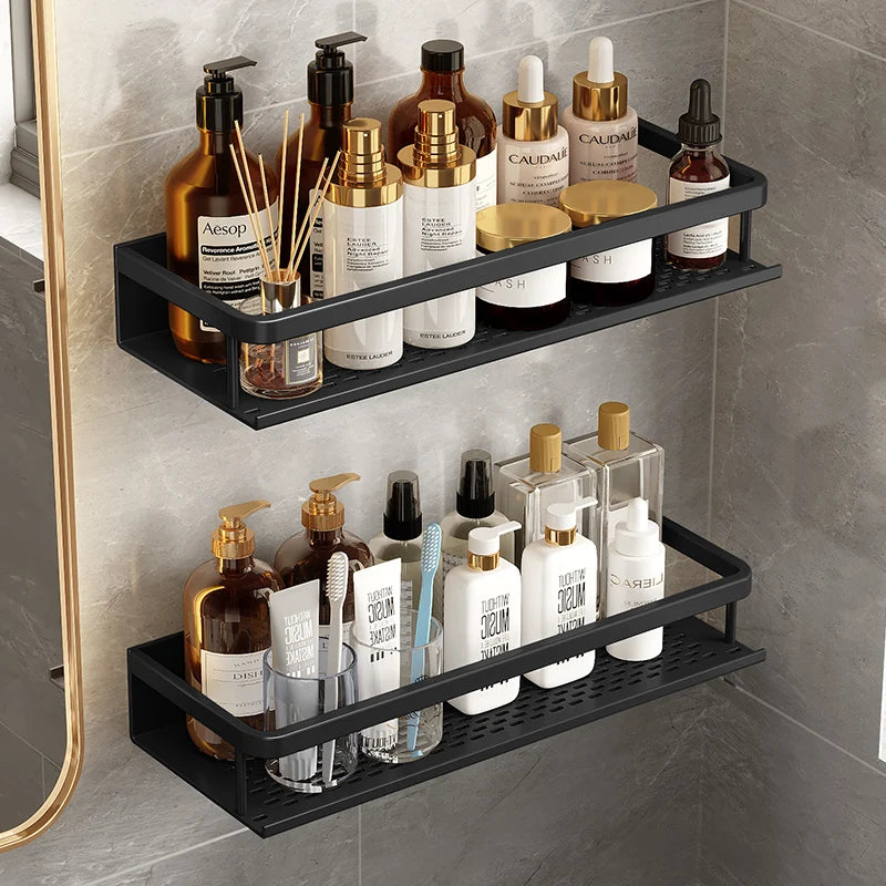 SleekMount – Black Aluminium Corner Shower Shelf with Drainage