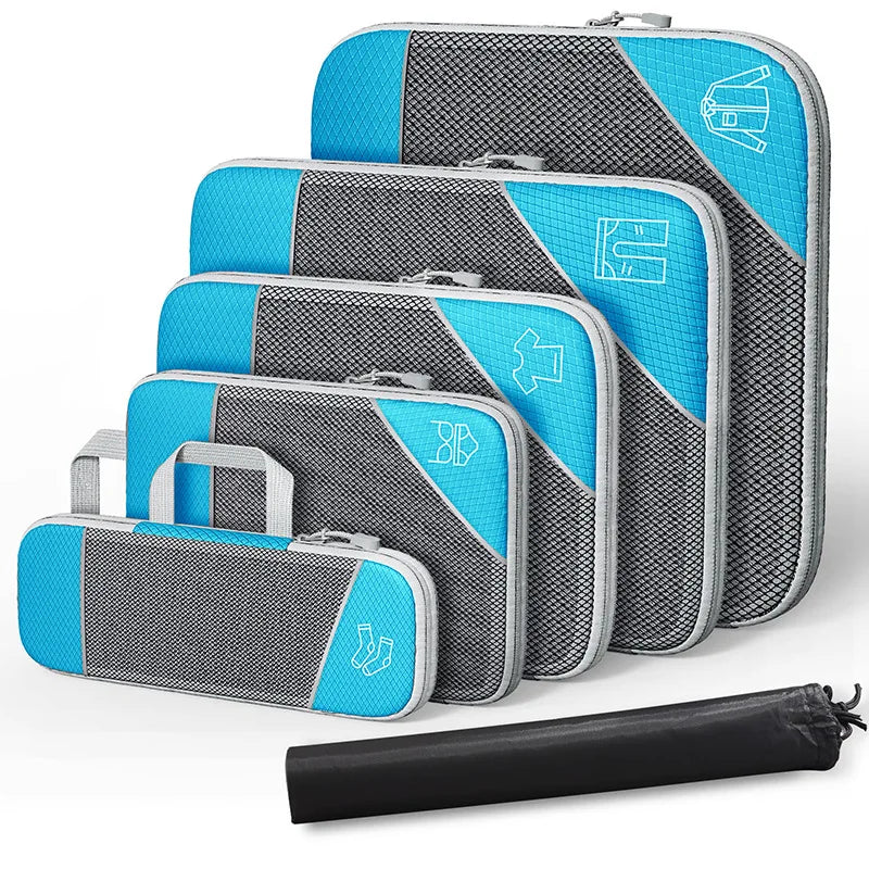 6-Piece Compressed Packing Cubes – Mesh Travel Luggage Organiser Set with Shoe Bag