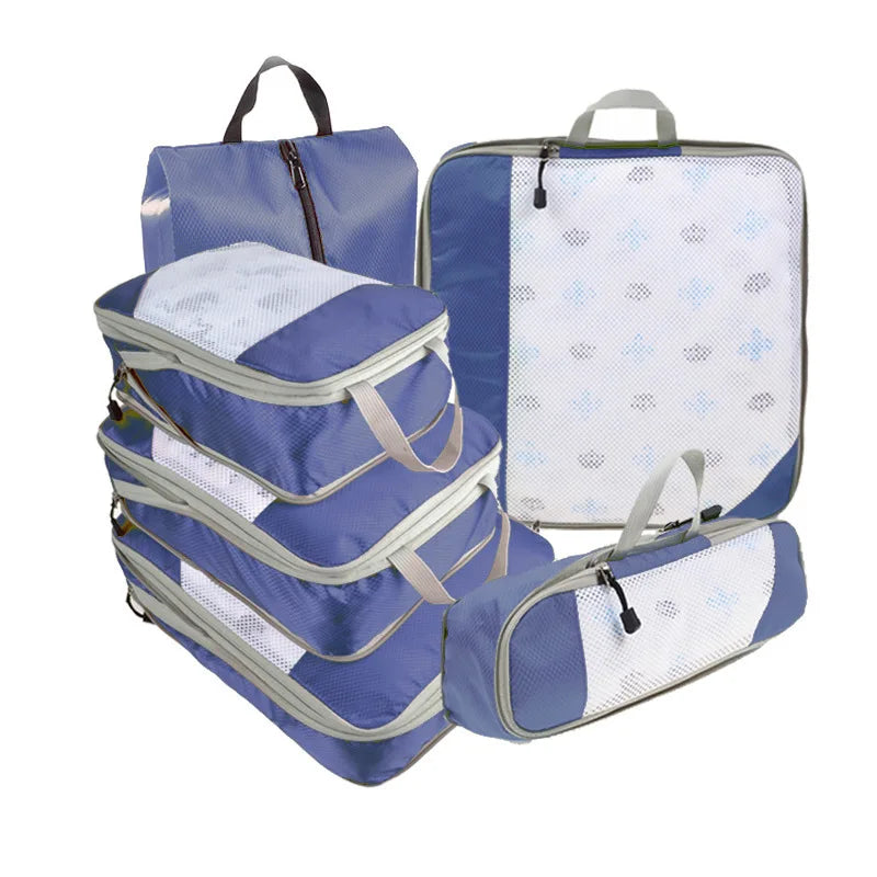 6-Piece Compressed Packing Cubes – Mesh Travel Luggage Organiser Set with Shoe Bag