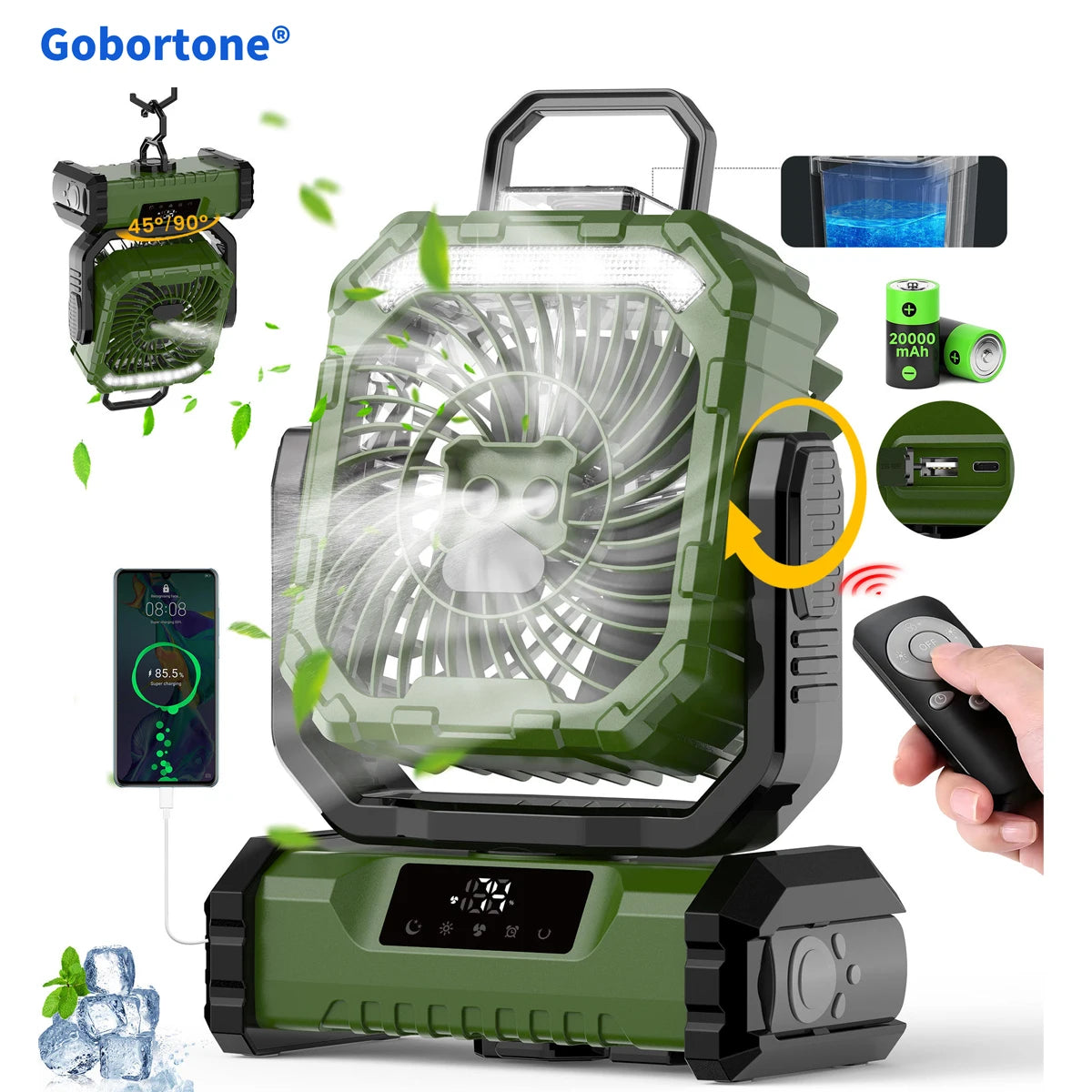 Portable Misting Camping Fan – Rechargeable 20000mAh Power Bank with LED Light & Remote