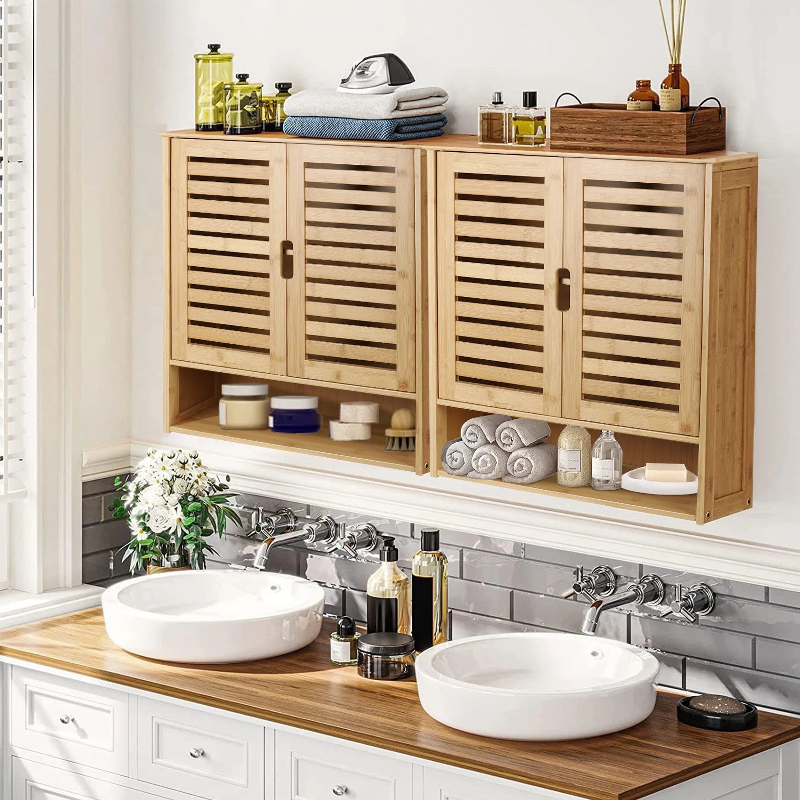 Wall-Mounted Bamboo Wall Cabinet – Bathroom & Kitchen Storage Cupboard (White or Wood)