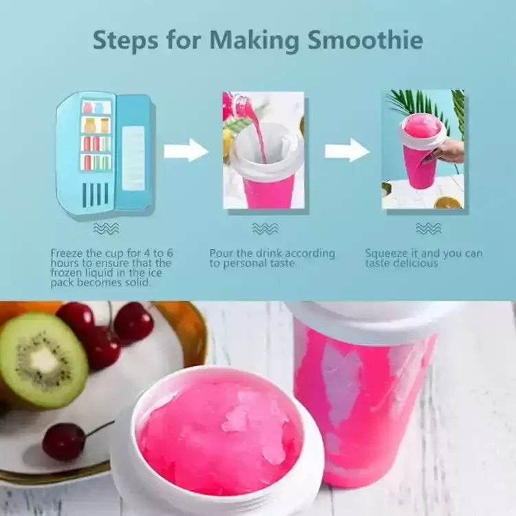 Frozen Smoothie Cup – Squeeze-to-Freeze Slushie Maker with Straw & Spoon