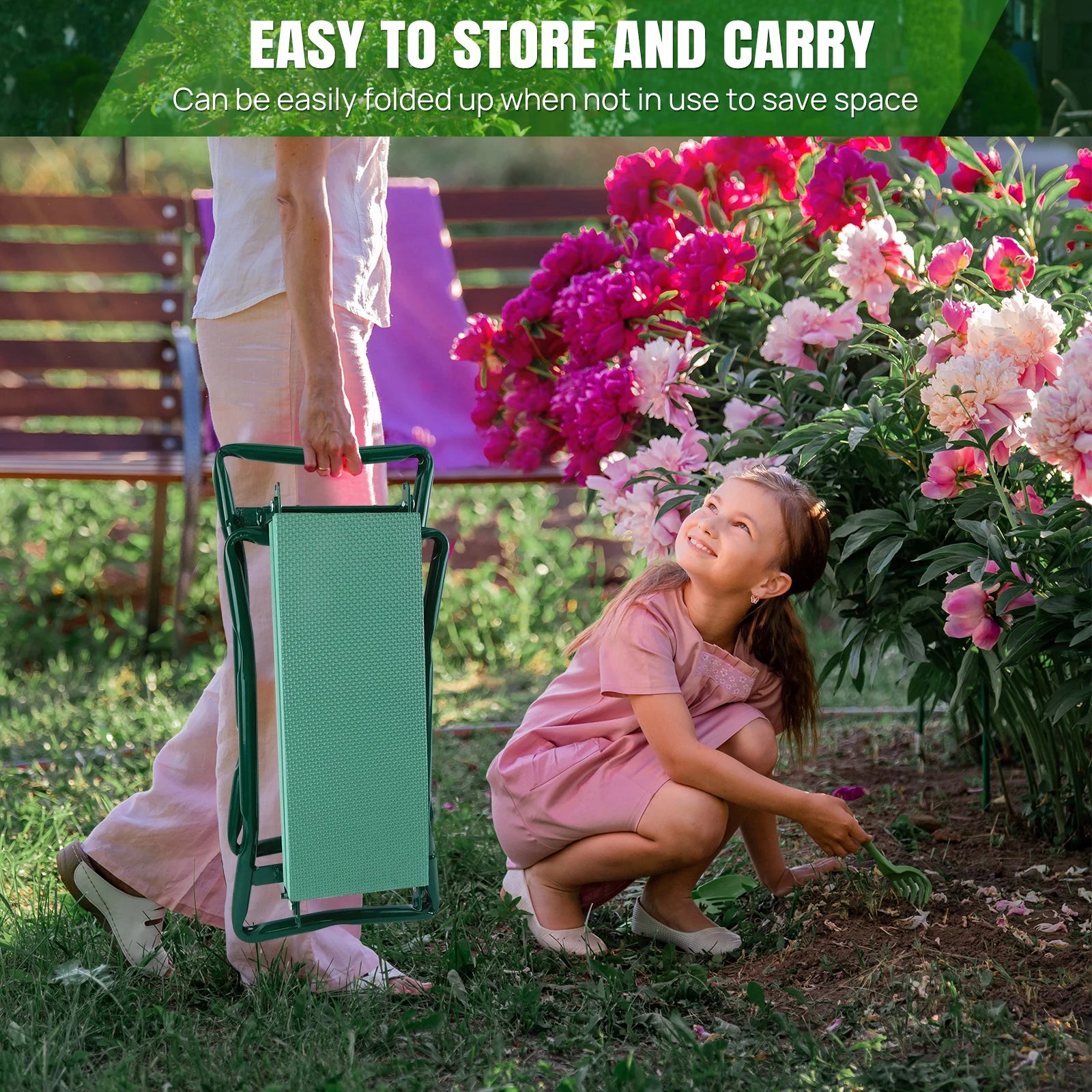 2-in-1 Garden Kneeler & Seat – Foldable Stool with Tool Bag & Handles