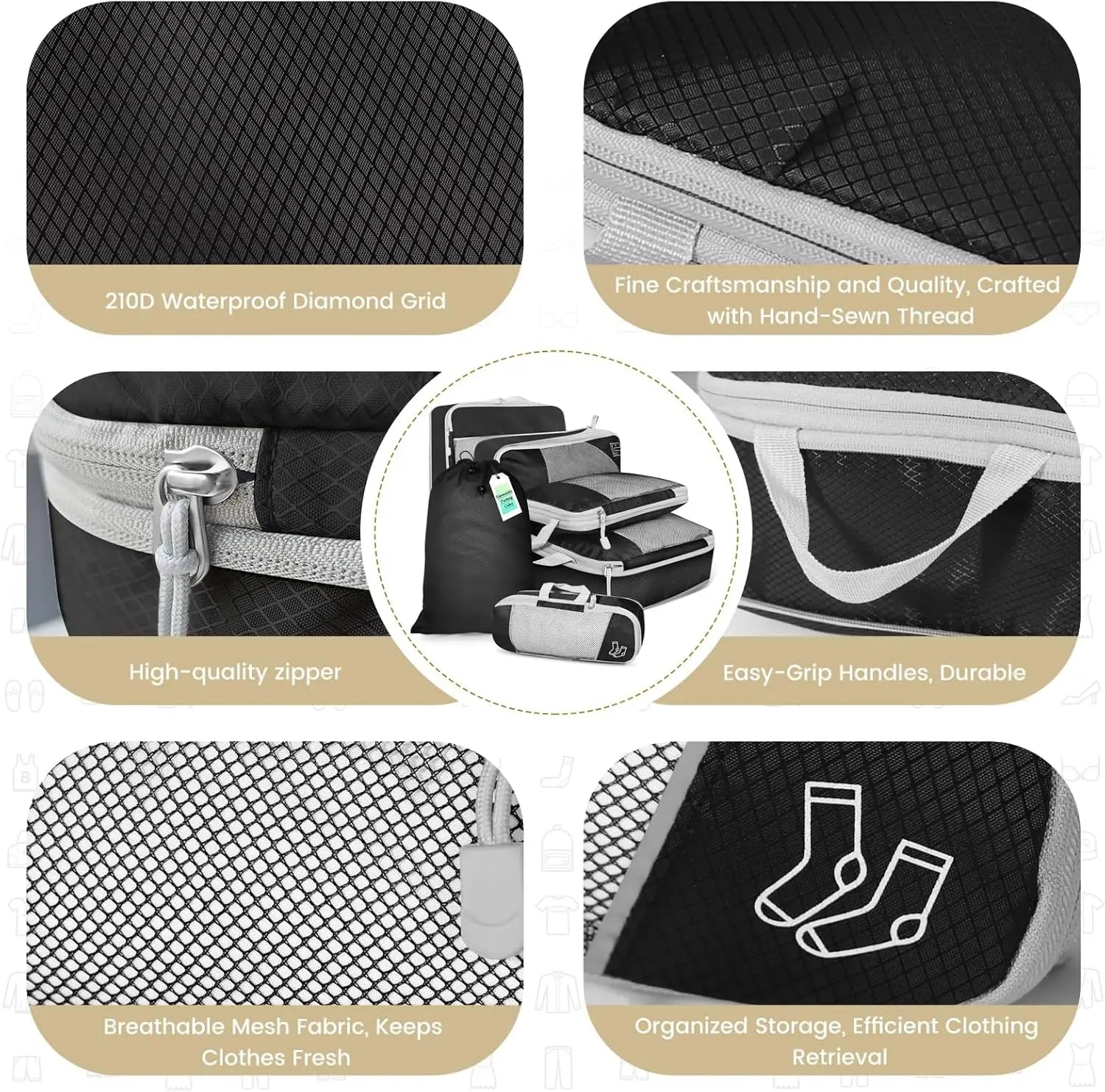 6-Piece Compressed Packing Cubes – Mesh Travel Luggage Organiser Set with Shoe Bag