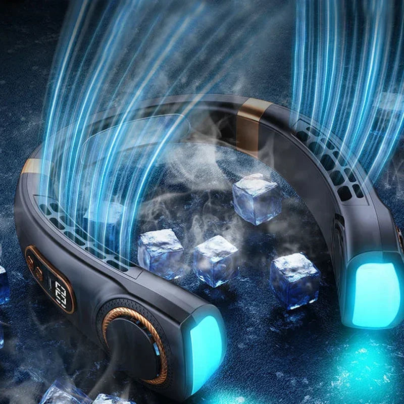Bladeless Neck Fan – Hands-Free Cooling with LED & Cold Plates, Rechargeable