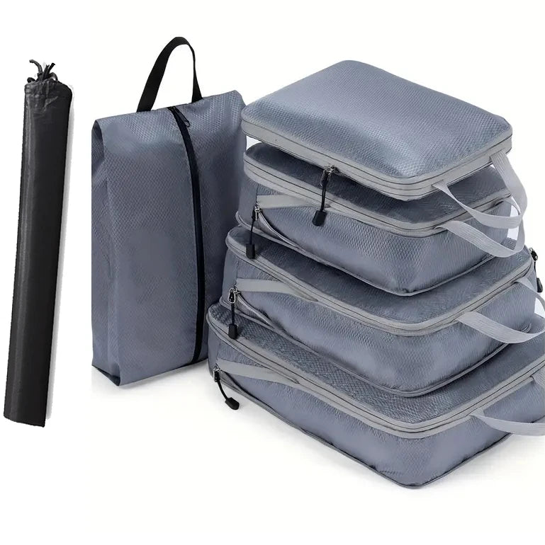 6-Piece Compressed Packing Cubes – Mesh Travel Luggage Organiser Set with Shoe Bag