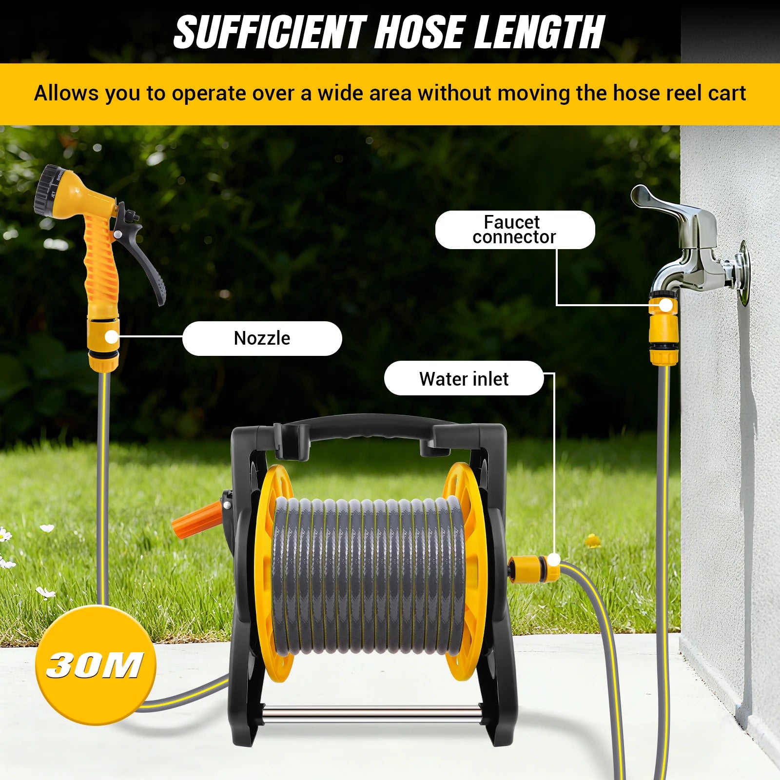 Garden Hose Reel Set – 15/25/30m Hose with 7-Pattern Spray Nozzle