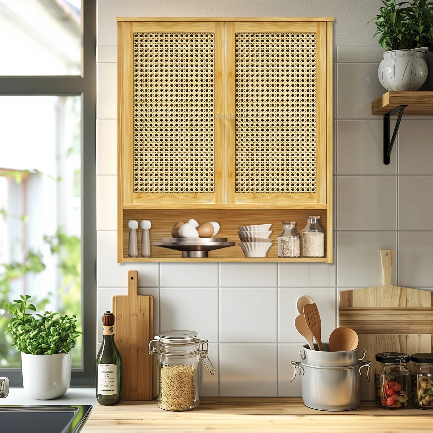 Wall-Mounted Bamboo Bathroom Cabinet – Storage Cupboard with Doors