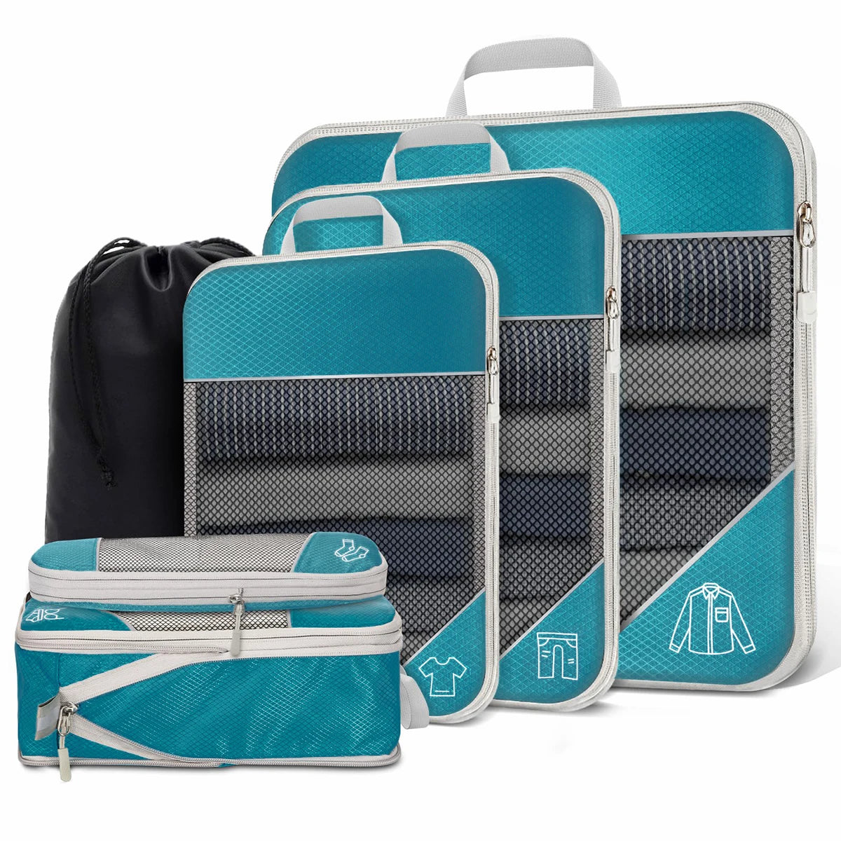 6-Piece Compressed Packing Cubes – Mesh Travel Luggage Organiser Set with Shoe Bag