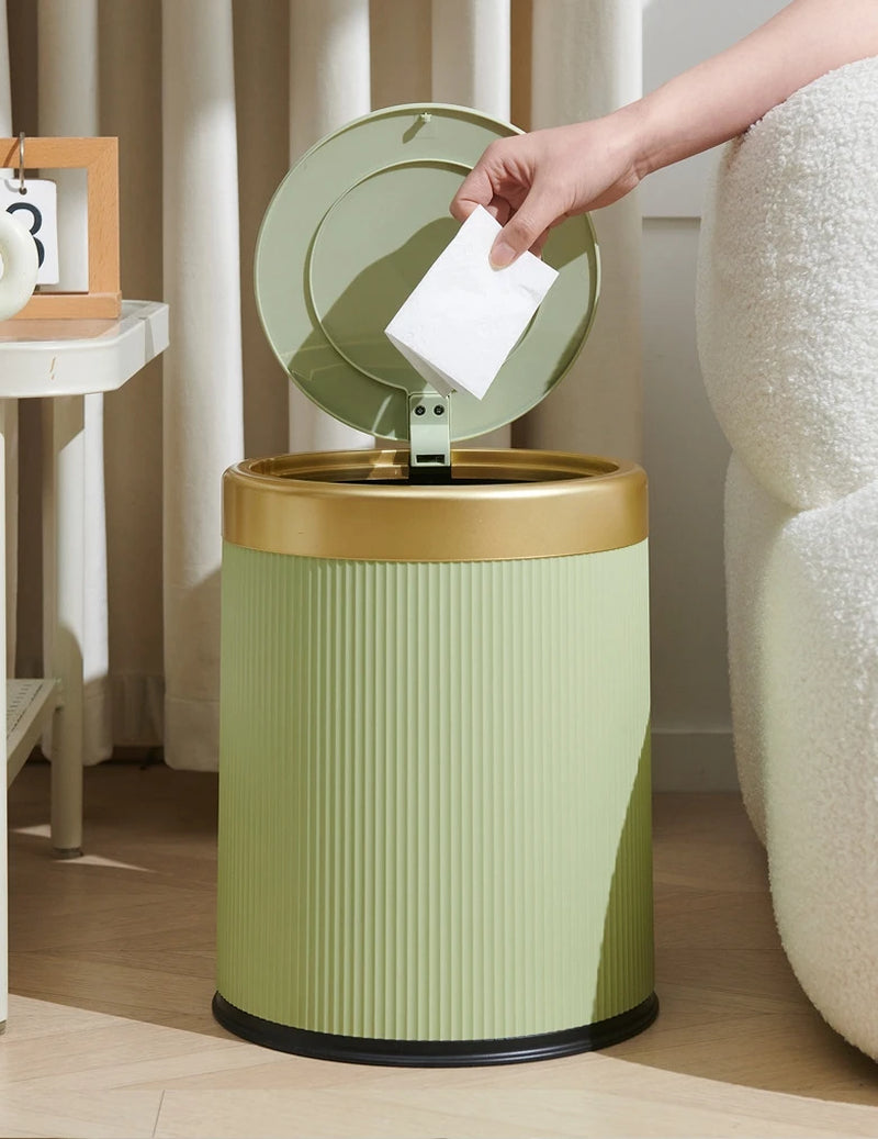 1 Fashionable Circular Top Garbage Bin with Gold Edge - Durable, Stylish Storage Essential Household Garbage Basket