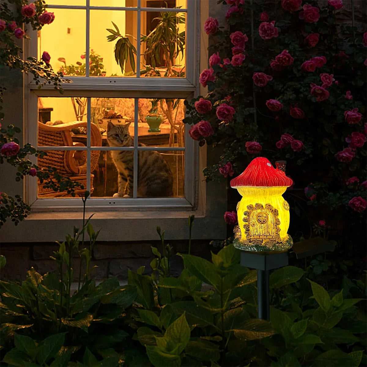 Solar Resin Lights Fairy Tale Mushroom House Outdoor Led Lawn Lamp Waterproof Pathway Yard Garden Night Decorative Lighting