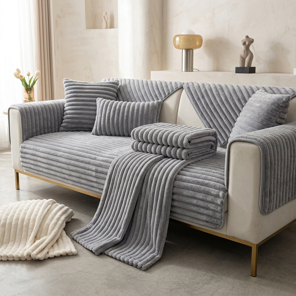 Plush Faux-Fur Striped Sofa Cover