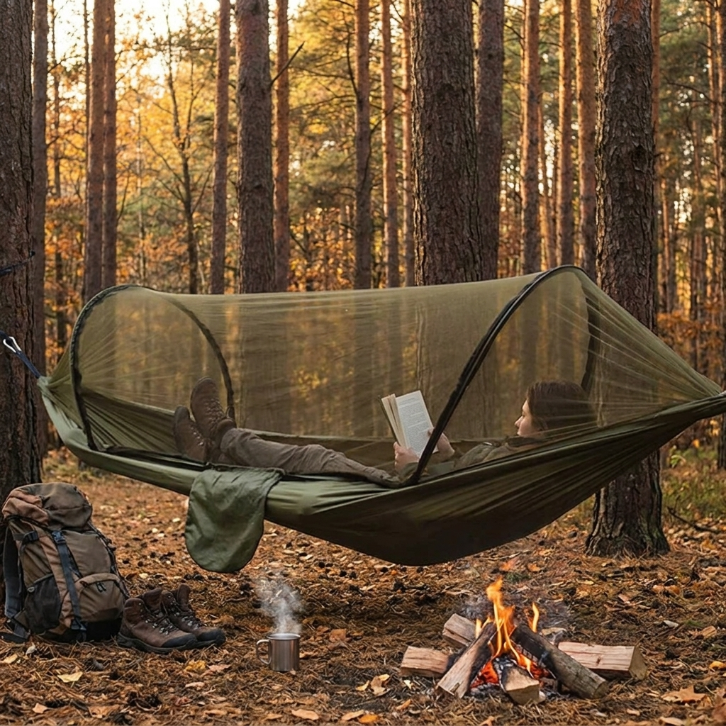 Outdoor hammock with mosquito net in garden