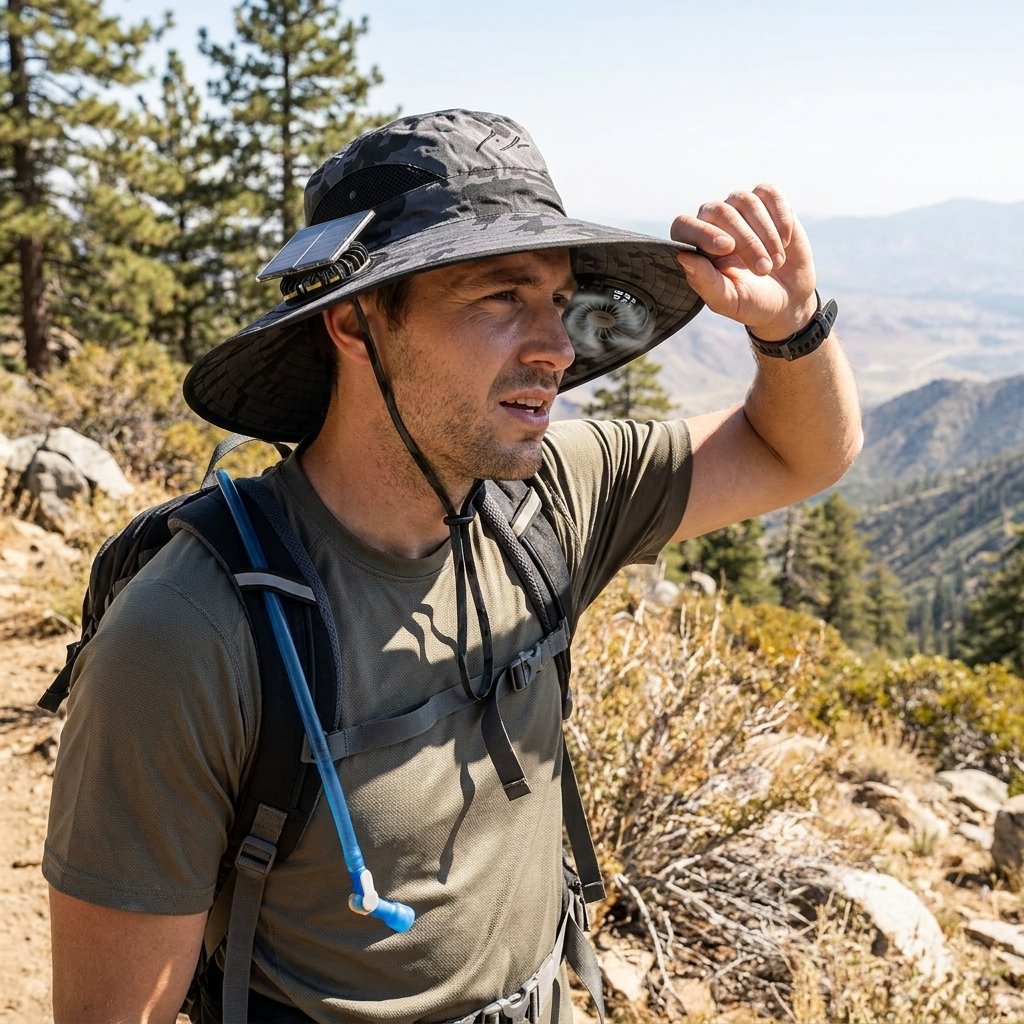 Solar fan sun hat worn outdoors