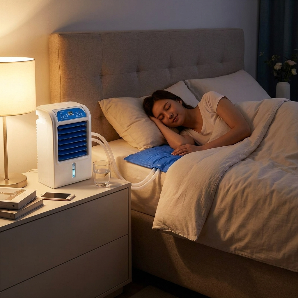 Water-cooled cooling mattress pad on a bed