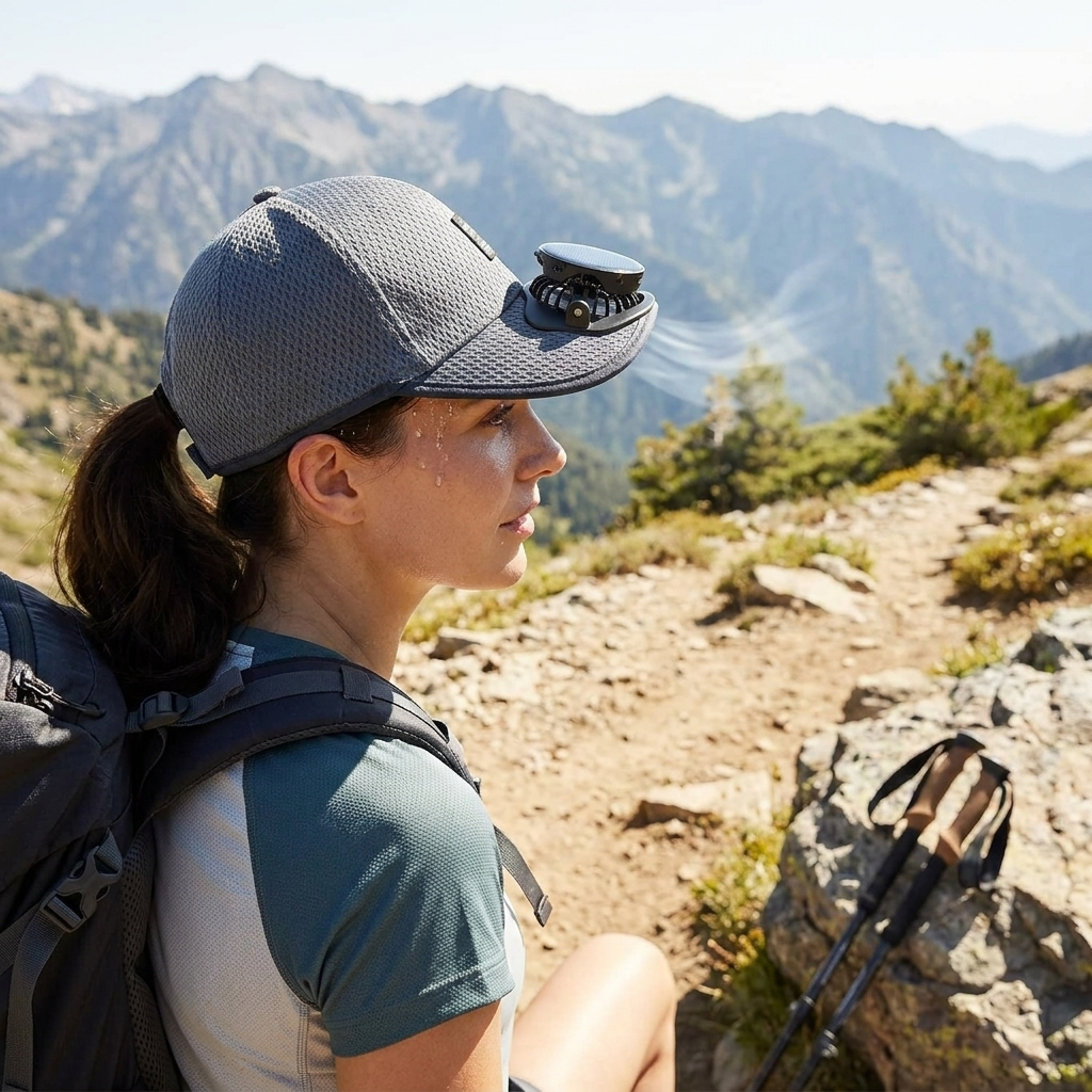 Solar fan baseball cap worn outdoors