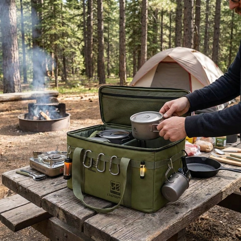 Insulated camping cooler bag outdoors