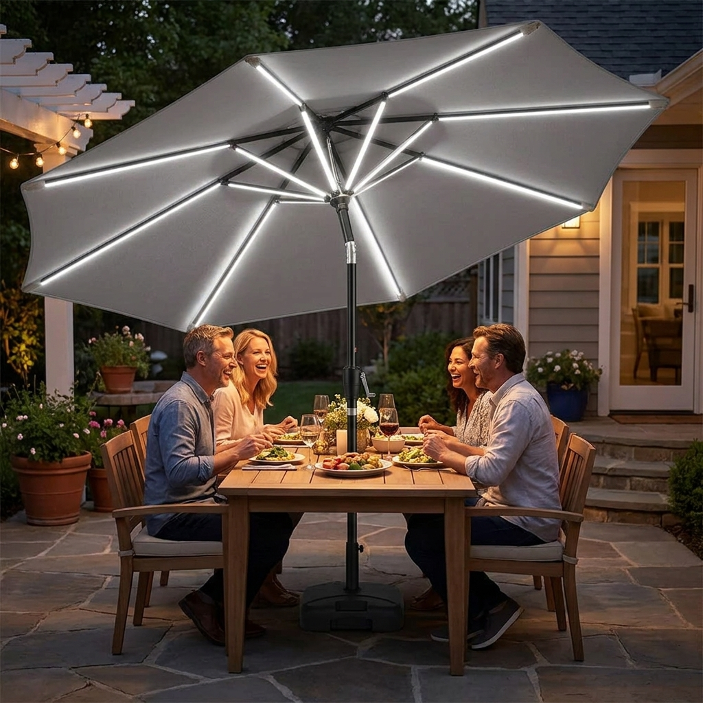 Solar LED patio umbrella in a garden