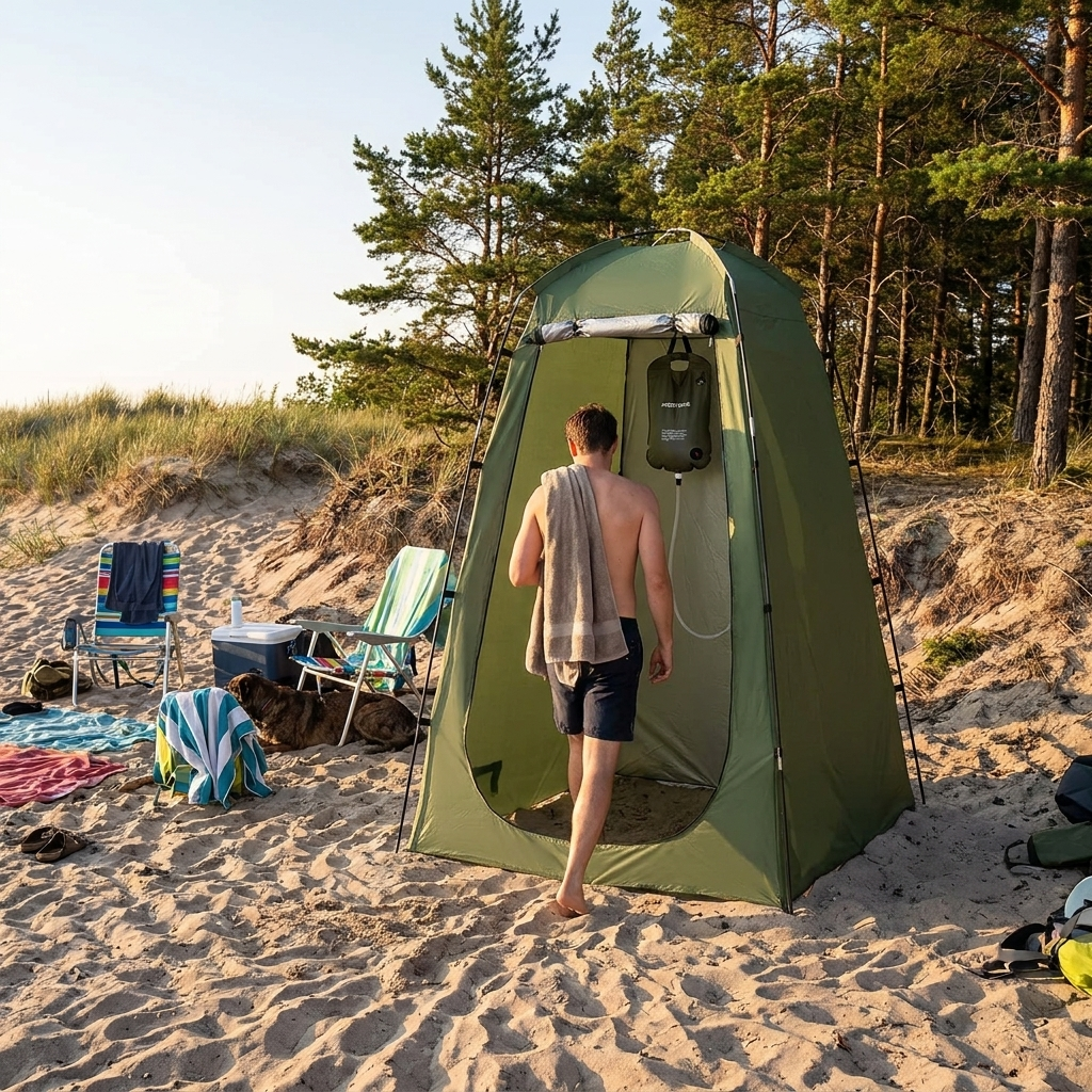 Pop-up privacy tent at a campsite